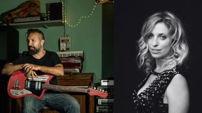 due immagini accostate, musicista con chitarra, primo piano scrittrice in B/N