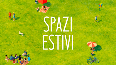 GRAFICA ESTATE FIORENTINA PRATO VERDE SCRITTA AL CENTRO PERSONE AI LATI CON OMBRELLONI COLORATI, PALLA, CANI, CONVIVIALI