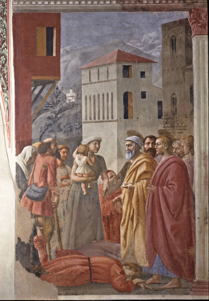 Masaccio, La distribuzione dei beni e la morte di Anania