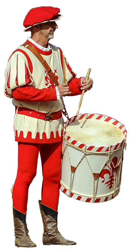 Tamburini Vestono corpetti di panno bianco e rosso con calzamaglia e berretti rossi alla raffaella