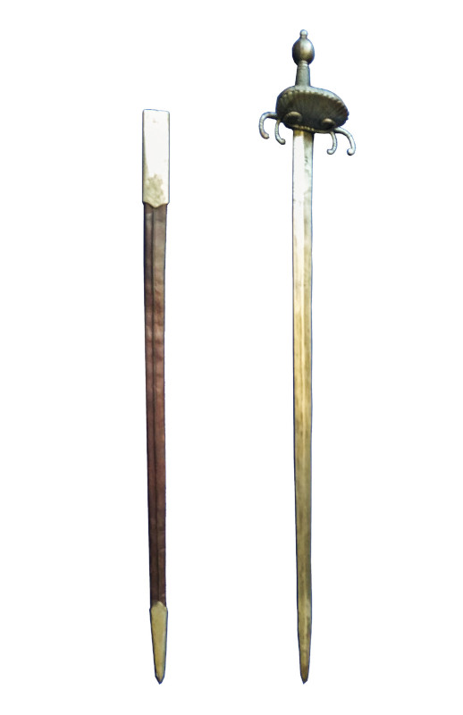 Spada con guardia a doppio granchio in porta spada di cuoio marrone