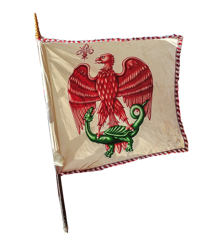 Bandiera di parte Guelfa in campo bianco, aquila rossa afferrante un drago verde; un piccolo giglio rosso sormonta la testa del rapace