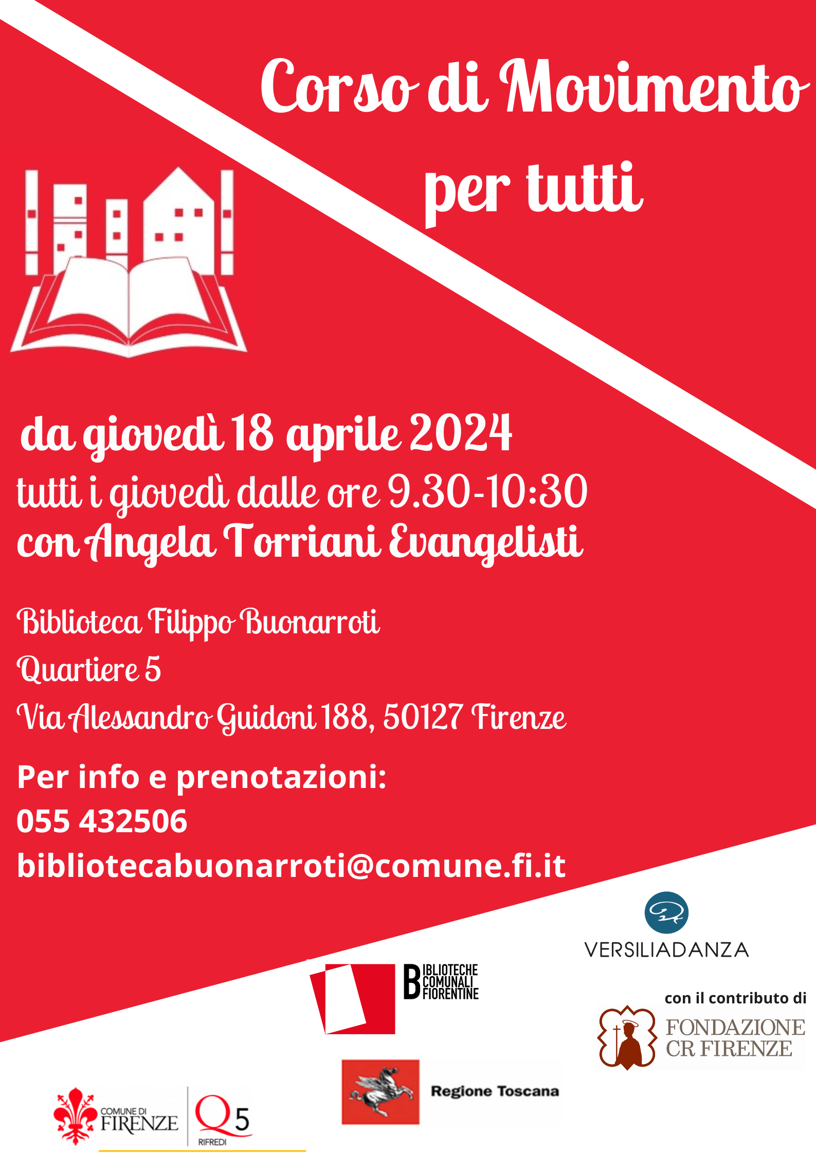 Movimento per tutti locandina rossa con disegno bianco di un libro tra gli edifici